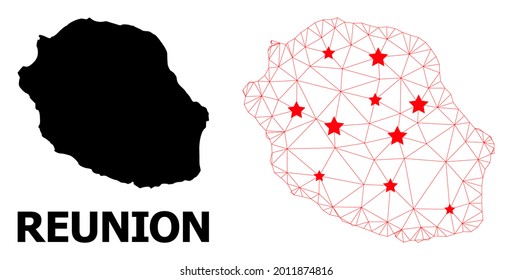 Carcass polygonal and solid map of Reunion Island. Vector structure is created from map of Reunion Island with red stars. Abstract lines and stars form map of Reunion Island.