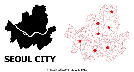 Carcass polygonal and solid map of Seoul Municipality. Vector structure is created from map of Seoul Municipality with red stars. Abstract lines and stars are combined into map of Seoul Municipality.