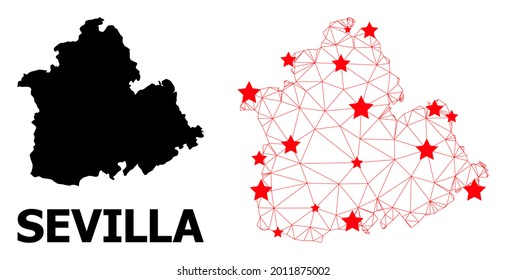 Carcass polygonal and solid map of Sevilla Province. Vector model is created from map of Sevilla Province with red stars. Abstract lines and stars form map of Sevilla Province.