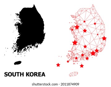 Carcass polygonal and solid map of South Korea. Vector structure is created from map of South Korea with red stars. Abstract lines and stars are combined into map of South Korea.