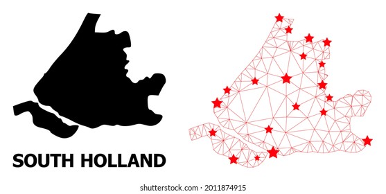 Carcass polygonal and solid map of South Holland. Vector model is created from map of South Holland with red stars. Abstract lines and stars form map of South Holland.