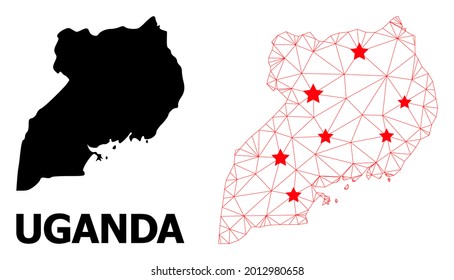 Carcass polygonal and solid map of Uganda. Vector structure is created from map of Uganda with red stars. Abstract lines and stars are combined into map of Uganda.