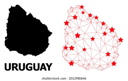 Carcass polygonal and solid map of Uruguay. Vector structure is created from map of Uruguay with red stars. Abstract lines and stars are combined into map of Uruguay.