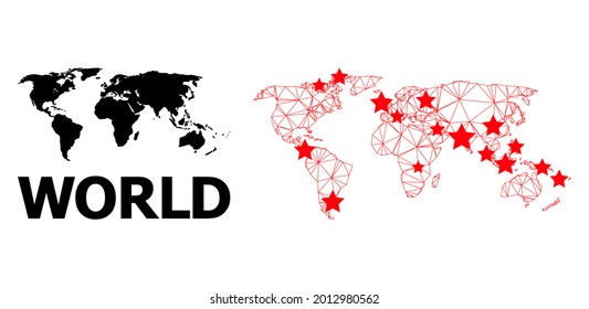 Carcass polygonal and solid map of world. Vector structure is created from map of world with red stars. Abstract lines and stars form map of world. Wire frame 2D polygonal mesh in vector format.