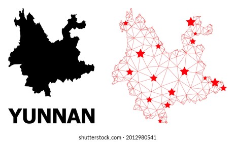 Carcass polygonal and solid map of Yunnan Province. Vector structure is created from map of Yunnan Province with red stars. Abstract lines and stars form map of Yunnan Province.