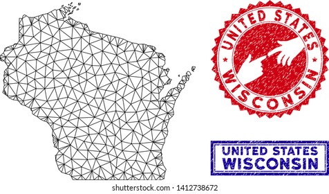 Carcass polygonal Wisconsin State map and grunge seal stamps. Abstract lines and circle dots form Wisconsin State map vector model. Round red stamp with connecting hands.
