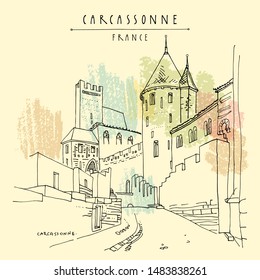 Carcassonne castle, Occitanie, France, Europe. France's second-most popular tourist attraction. Retro style hand drawing. Travel sketch. Vintage touristic postcard, poster, book illustration in vector