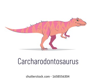 Carcharodontosaurus. Theropoda dinosaur. Colorful vector illustration of prehistoric creature carcharodontosaurus in hand drawn flat style isolated on white background. Predatory fossil dinosaur.