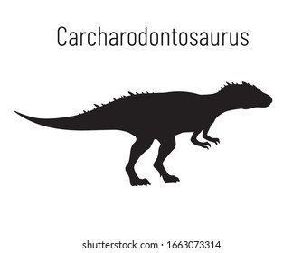 Carcharodontosaurus. Theropoda dinosaur. Monochrome vector illustration of silhouette of prehistoric creature carcharodontosaurus isolated on white background. Stencil. Fossil dinosaur.