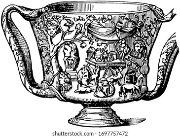 Carchesium ist ein Becherbecher oder Trinkbecher, der von den Griechen in sehr frühen Zeiten verwendet wurde, es entspricht den Griffen der Tasse, Vintage-Linie Zeichnung oder Gravitation Illustration.