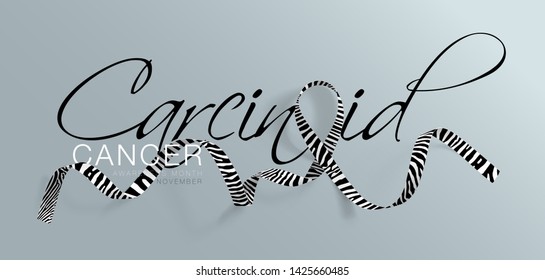 Carcinoid Cancer Awareness Calligraphy Poster Design. Realistic Zebra Stripe Ribbon. November is Cancer Awareness Month. Vector