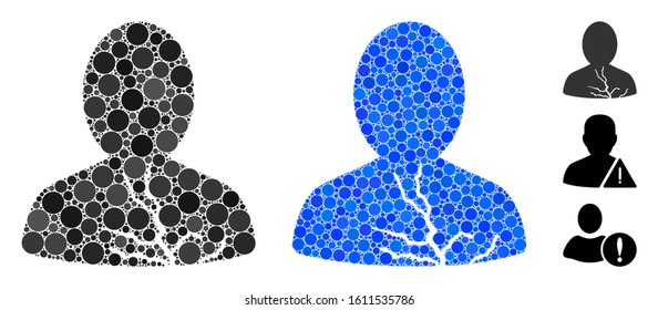Carcinoma patient mosaic of round dots in variable sizes and color hues, based on carcinoma patient icon. Vector round dots are organized into blue collage.