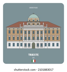 Carciotti palace in Trieste, Italy. Architectural symbols of European cities. Colorful vector 