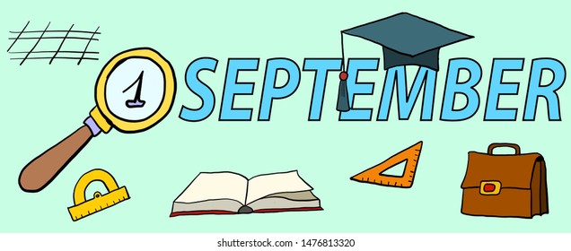 Card for 1 September day with Lupe and symbols of school life