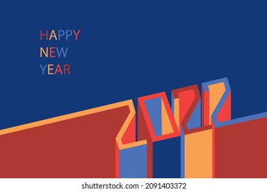 Card with 2022 3d isometric colored numbers . Happy new year. Memphis style. Retro, color red blue yellow on dark background for festive decor, poster, banner, postcard, web. Vector illustration.