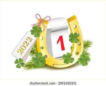 Card 2022 with horseshoe, calendar January 1st, shamrock and fir branches,
New Years Eve and lucky charm card,
Vector illustration isolated on white background
