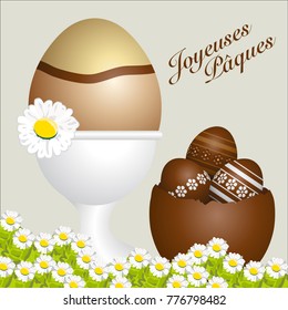 Card with 3D illustration, translation image title: Happy Easter.
An egg cup and chocolate eggs decorated to celebrate Easter in a springtime atmosphere.