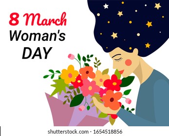 card for 8 March girl with a bouquet of flowers
