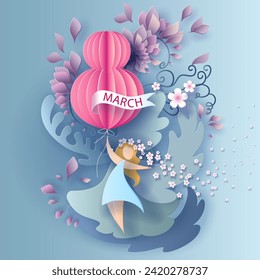 Card for 8 March international womens day. Woman with air ballons. Abstract background with girl and flowers .Vector illustration. Paper cut and craft style.