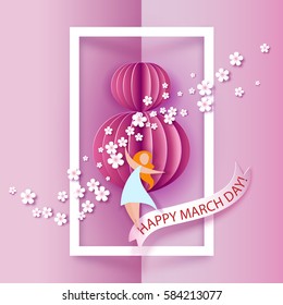 Card for 8 March women day. Abstract pink background with text and flowers .Vector illustration. Paper cut and craft style.