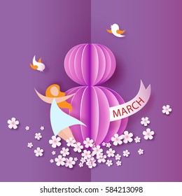 Card for 8 March women day. Abstract pink background with text and flowers .Vector illustration. Paper cut and craft style.