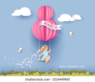 Card for 8 March Women's day. Woman on swing. Abstract background with text and flowers .Vector illustration. Paper cut and craft style.