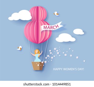 Card for 8 March Women's day. Woman in basket of hot air balloon. Abstract background with text and flowers .Vector illustration. Paper cut and craft style.