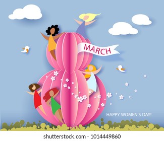 Card for 8 March Women's day. Abstract background with text, flowers and women different nationalities. Vector illustration. Paper cut and craft style.