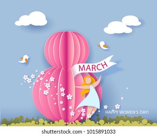 Card for 8 March women's day. Abstract background with text and flowers . Vector illustration. Paper cut and craft style.