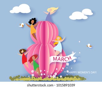 Card for 8 March women's day. Abstract background with text, flowers and women different nationalities. Vector illustration. Paper cut and craft style.