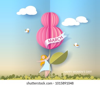 Card for 8 March womens day. Abstract background with woman, text and flower .Vector illustration. Paper cut and craft style. Card for 8 March womens day. Abstract background with woman, text and flower .Vector illustration. Paper cut and craft style.