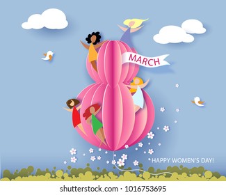 Card for 8 March womens day. Abstract background with text, flowers and women different nationalities. Vector illustration. Paper cut and craft style.