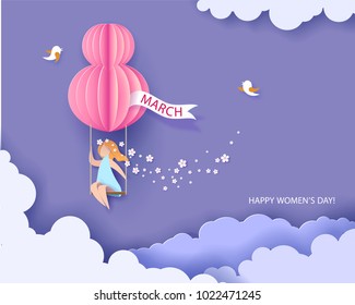 Card for 8 March womens day. Woman on swing. Abstract background with text and flowers .Vector illustration. Paper cut and craft style.