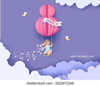 Cartão para 8 Março dia das mulheres. Mulher no balanço. Fundo abstrato com texto e flores. Ilustração vetorial. Corte de papel e estilo artesanal.