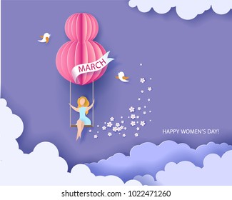 Card for 8 March womens day. Woman on swing. Abstract background with text and flowers .Vector illustration. Paper cut and craft style.