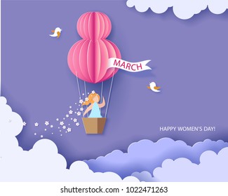 Card for 8 March womens day. Woman in basket of hot air balloon. Abstract background with text and flowers .Vector illustration. Paper cut and craft style.