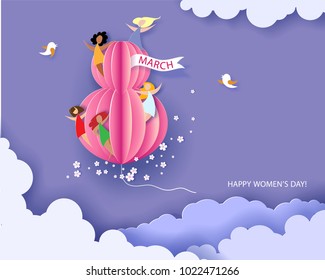 Card for 8 March womens day. Abstract background with text, flowers and women different nationalities. Vector illustration. Paper cut and craft style.