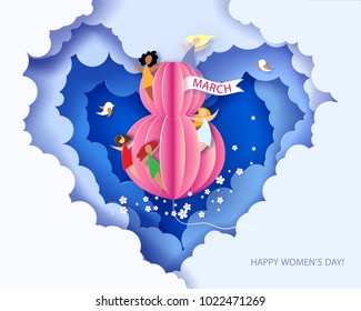 Card for 8 March womens day. Abstract background with text, flowers and women different nationalities. Vector illustration. Paper cut and craft style.