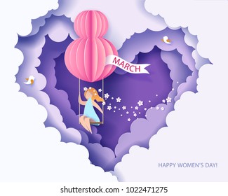 Card for 8 March womens day. Woman on swing. Abstract background with text and flowers .Vector illustration. Paper cut and craft style.