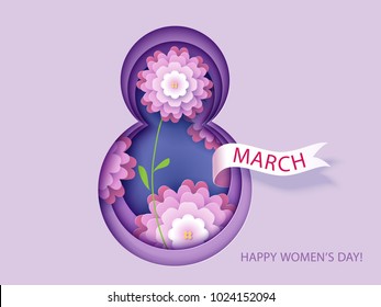 Tarjeta para el 8 de marzo, día de la mujer. Flores dentro del número ocho cortadas de papel. Fondo abstracto con texto y flores .Ilustración vectorial. Cortado de papel y estilo artesanal.