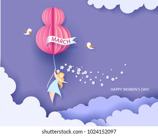 Card for 8 March womens day. Abstract background with text and flowers .Vector illustration. Paper cut and craft style.