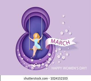 Card for 8 March womens day. Woman on swing. Abstract background with text and flowers .Vector illustration. Paper cut and craft style.