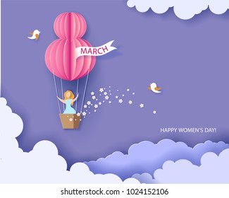 Card for 8 March womens day. Woman in basket of hot air balloon. Abstract background with text and flowers .Vector illustration. Paper cut and craft style.