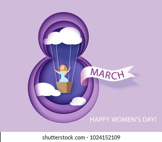 Card for 8 March womens day. Woman in basket of air balloon shaped as cloud. Abstract background with text and flowers .Vector illustration. Paper cut and craft style.