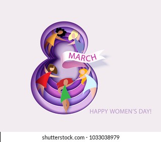 Card for 8 March womens day. Number eight with flowers cut from paper and Women. Abstract background with text .Vector illustration. Papercut and craft style.