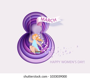 Card for 8 March womens day. Number eight with flowers cut from paper and Woman on swing. Abstract background with text .Vector illustration. Papercut and craft style.