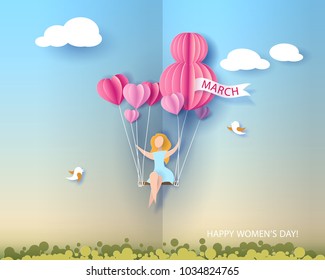 Card for 8 March womens day. Abstract background with text and woman flying with air balloons .Vector illustration. Paper cut and craft style.