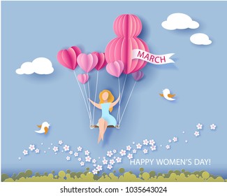 Card for 8 March womens day. Abstract background with text and woman flying with air balloons .Vector illustration. Paper cut and craft style.