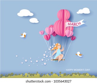 Card for 8 March womens day. Abstract background with text and woman flying with air balloons .Vector illustration. Paper cut and craft style.