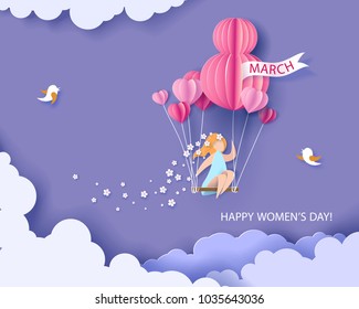 Card for 8 March womens day. Abstract background with text and woman flying with air balloons .Vector illustration. Paper cut and craft style.